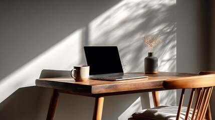 Clean minimal workspace with closed laptop, coffee cup, and bright white wall background, providing copy space for creative design, marketing, and corporate communication concepts.