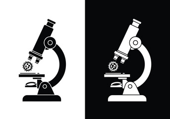 Two contrasting illustrations of a classic laboratory microscope, one black on white and one white on black, each featuring a small gear on the specimen stage.