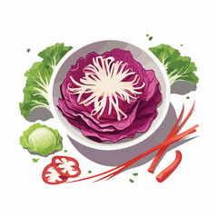 a small bowl filled with bright red Korean kimchi 