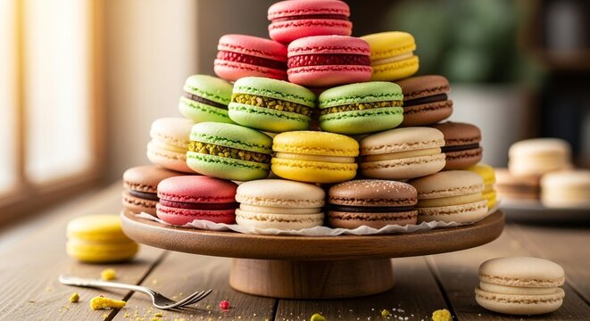 Colorful Macarons Tower on Cake Stand Sweet Dessert Pastries