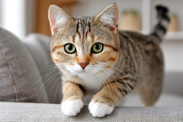 Obraz premium Curious cat staring with green eyes on sofa