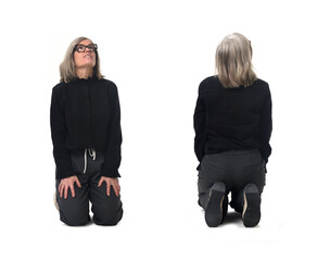 front and back view of  group of same woman kneeling and looking up on white background