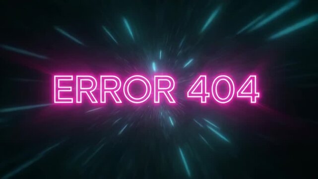Glowing error message with luminous error 404 sign against dark abstract background. Error 404 sign is stylized with bright neon lights, emphasizing internet problems, connection issues,