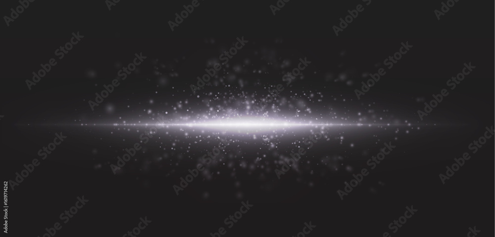 Poster horizontal light burst with shimmering particles on dark background. vector energy, explosion or mag