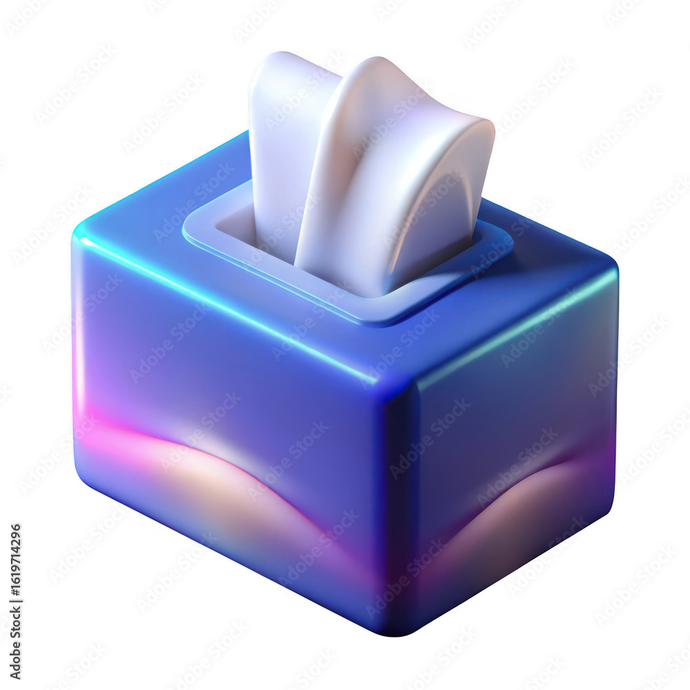 Poster 3d rendered tissue box with iridescent finish isolated on transparent background