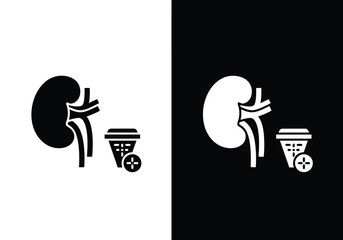 An illustration depicting a human kidney organ next to a trash can with a plus sign, presented in both black-on-white and white-on-black versions.