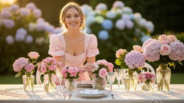 Beautiful woman at outdoor table setting arranging flowers for a flower arrangement. Flower arrangement with pink roses creates idyllic atmosphere,