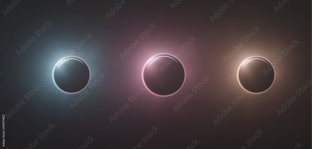 Poster three glowing circles with soft glow and shine on dark background. vector abstract element in futuri