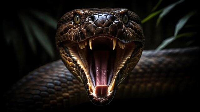 Menacing snake with open mouth showing fangs and scales ready to strike its prey in the wild predator concept image