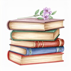 Stack of Antique Books with Purple Flower on Top in Watercolor Style