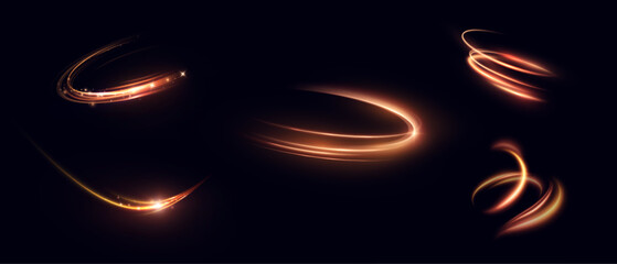 Set of bright swirl effects of orange-red light trail with bright shimmer and glare. Vector light effect for design and illustrations isolated on dark background.