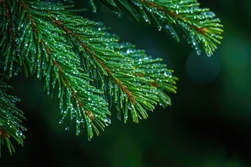 Close-up of dew-kissed evergreen branches. Sharp, vibrant green needles, covered in glistening water droplets, against a dark, out-of-focus background