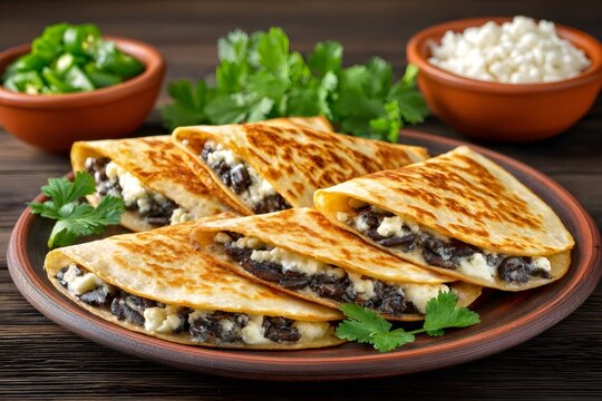 Delicious quesadillas filled with black beans, mushrooms, and cheese garnished with cilantro on rustic plate