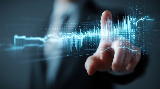 Data analysis with finger touching digital interface, futuristic technology