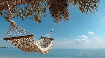Beautiful tropical hammock scene with palm fronds above and clear blue sky, featuring spacious blank area on the left for text placement, ideal for travel, resort, and summer holiday promotions
