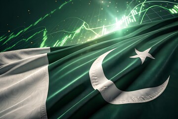 Pakistan flag waving with green financial growth chart overlay