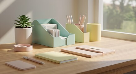 Modern minimalist home office desk with pastel-colored stationery, organizing supplies, and a plant by a sunny window, creating a serene and productive workspace.