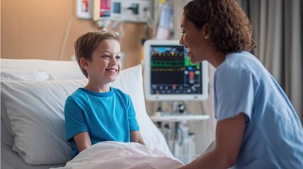 Caring nurse comforts smiling boy in hospital bed, surrounded by medical monitors, offering healing, trust, and a hopeful recovery environment for children.