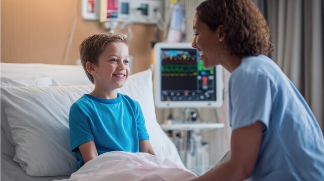 Caring nurse comforts smiling boy in hospital bed, surrounded by medical monitors, offering healing, trust, and a hopeful recovery environment for children. - Powered by Adobe