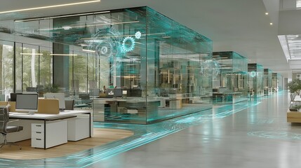 データフローと歯車のホログラムが描かれた未来的なオフィス空間 | Futuristic office space with data flow and gear holograms