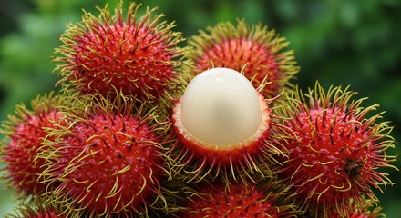 Exotic Rambutan Fruit Bunch Close Up with Sweet White Flesh