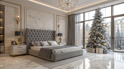 Tufted Gray Headboard and Brass Lamps in Festive Room