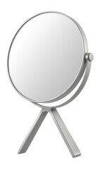 Fototapeta premium Round mirror with a folding stand, convenient for portable use in different rooms of a home.