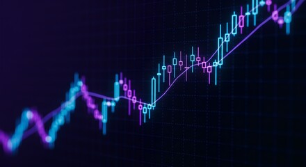 Abstract digital display of a glowing financial candlestick chart with a trend line, illustrating market trends, trading, and business data on a dark background.