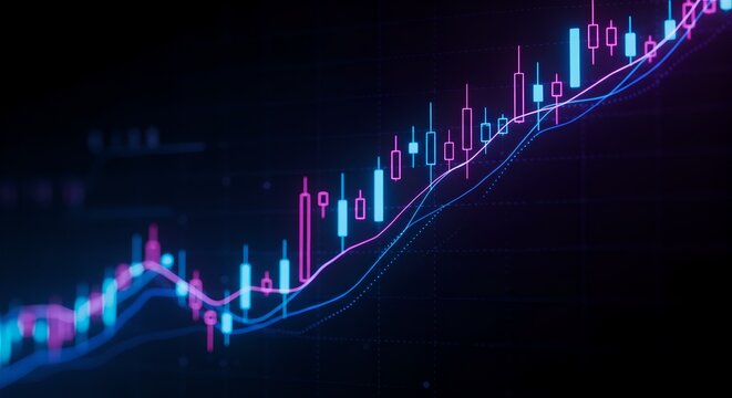 A vibrant digital candlestick chart with moving average lines, symbolizing financial data analysis, stock market trends, and investment growth on a dark background.