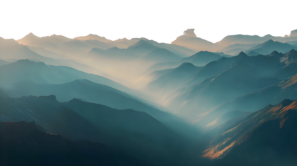 Serene Aerial View of Mountains Bathed in Sunrise Light isolated on transparent white background --ar 16:9 --raw