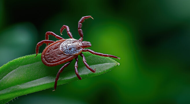 Tick on green leaf. Close-up macro view of a brown tick insect crawling on a fresh green leaf against a blurred natural background
