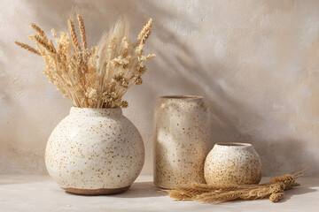 Speckled Ceramic Vessels with Dried Wheat on Beige Background