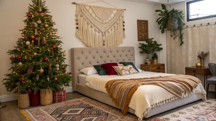 Boho Bedroom with Velvet Headboard and Tassel Holiday Tree