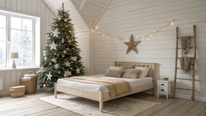 White Paneled Room with Oak Floor and Festive Christmas Tree