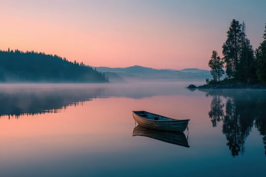 Lonely boat rests on lake at dawn. Use nature blog, peace, calming imagery