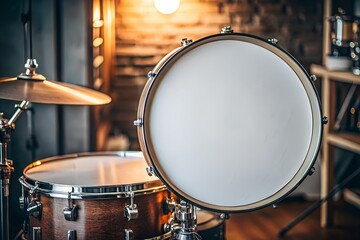 Obraz premium Close up of a snare drum and cymbal in a dimly lit studio