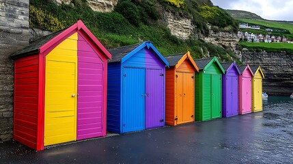 Naklejka premium Colorful beach huts line the waterfront.