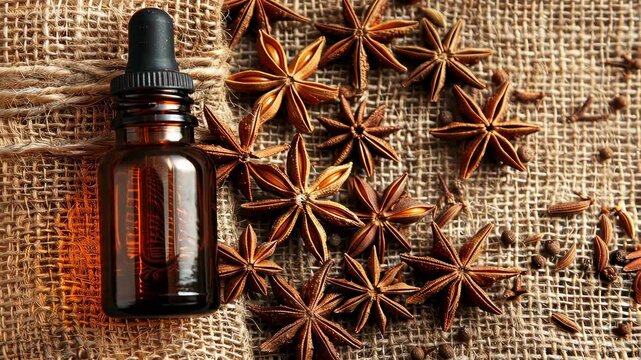 anise essential oil on burlap background