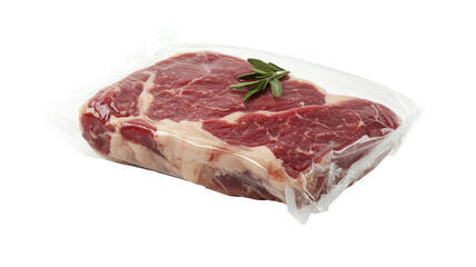 Obraz premium Raw Ribeye Steak Vacuum Sealed in Transparent Plastic Packaging Isolated on White Background