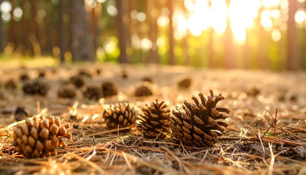 Pine cones on forest floor at sunset - Powered by Adobe