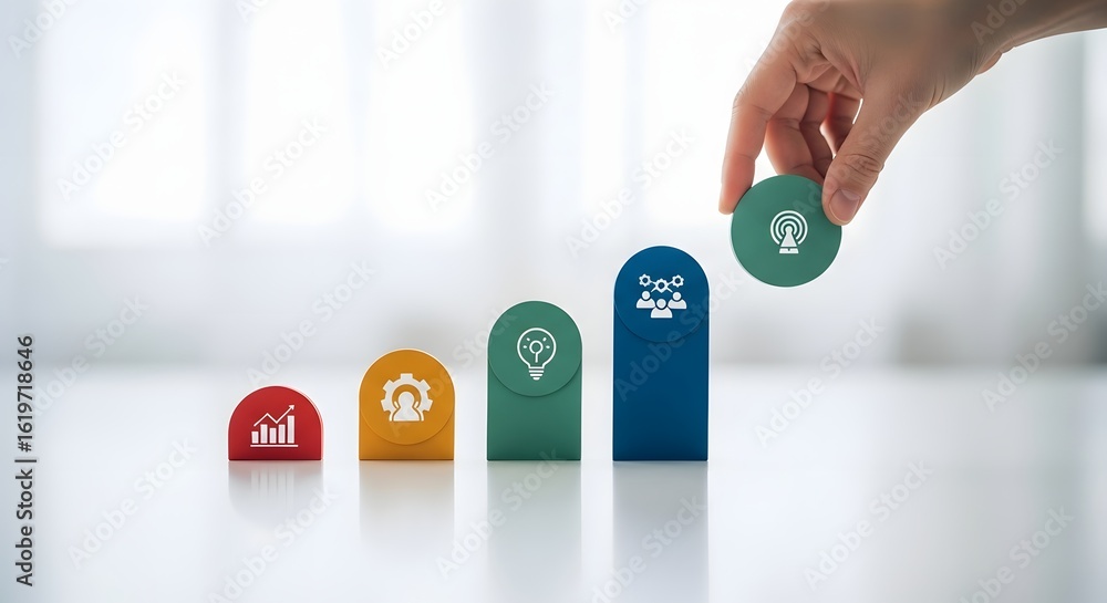 Poster strategic planning and business development concept. a hand completes a sequence of steps symbolizin