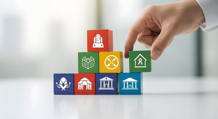A hand arranging colorful blocks with icons representing the core pillars of government and public services, symbolizing societal structure and organization