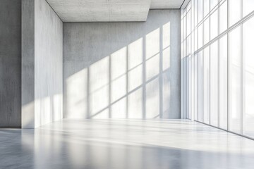 Obraz premium Empty, modern space with concrete walls and large windows. Sunlight casts shadows on the walls