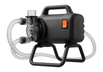 Portable water pump with a folding stand, designed for quick setup in a home greenhouse to maintain optimal plant hydration.