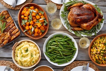 Festive thanksgiving feast with roasted turkey and sides