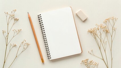 Blank notebook with pencil and dried flowers isolated on white background