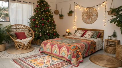 Boho Bedroom with Patterned Bedspread and Fabric Holiday Tree