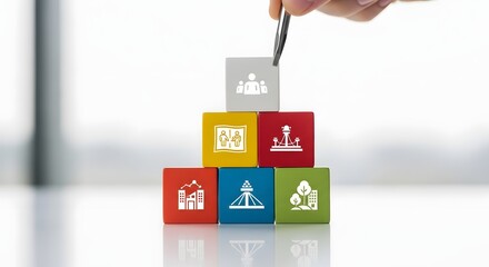 A hand constructing a pyramid of blocks with icons representing the foundational principles of a sustainable business structure