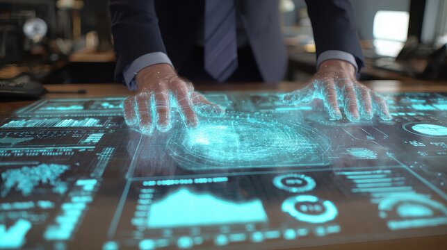 Futuristic interface with hands interacting with digital data, technology