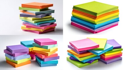 Four close-up shots showcasing vibrant, colorful stacks of adhesive notes in various arrangements against a bright white background, illustrating different heights and configurations